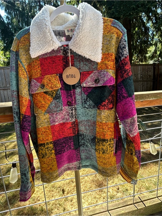 BiBi Jackets & Blazers - Nwt BIBI Multicolor Sherpa Collar Plaid Jacket - Pink/Yellow/Teal